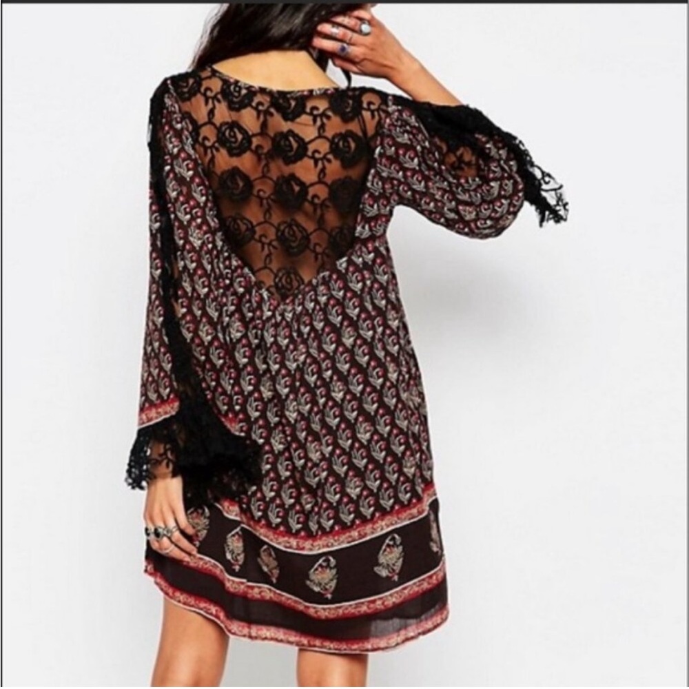 Free People Nomad Child Tunic Dress M (No Size Tag) Black Floral Boho Swing Lace